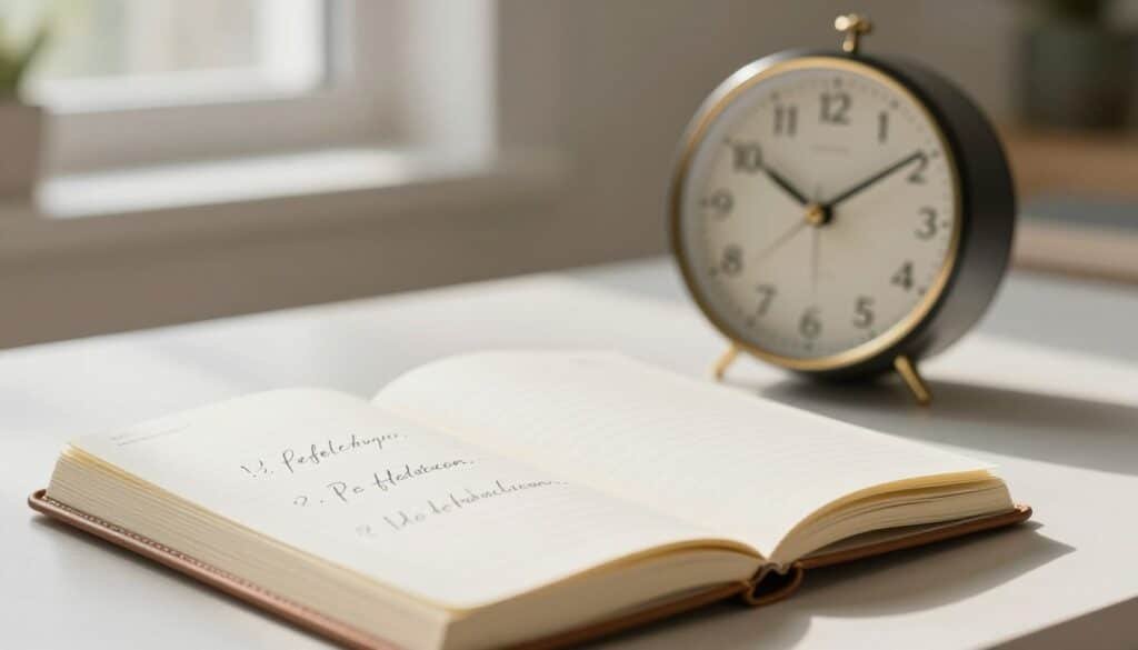 Journal with a three-question reflection beside a clock Journal with a three-question reflection beside a clock