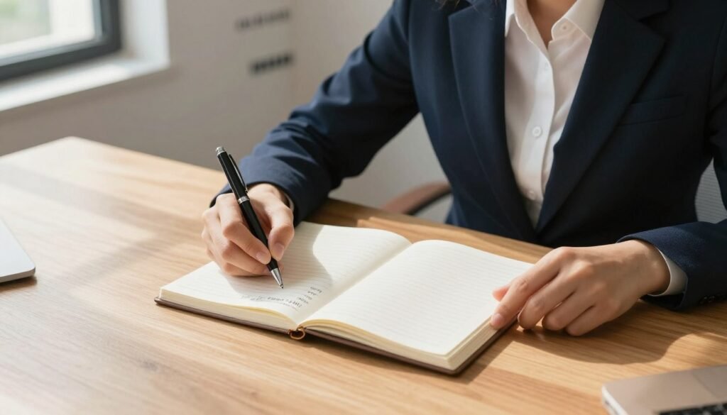 Person writing a goal and weekly action in a notebook Person writing a goal and weekly action in a notebook